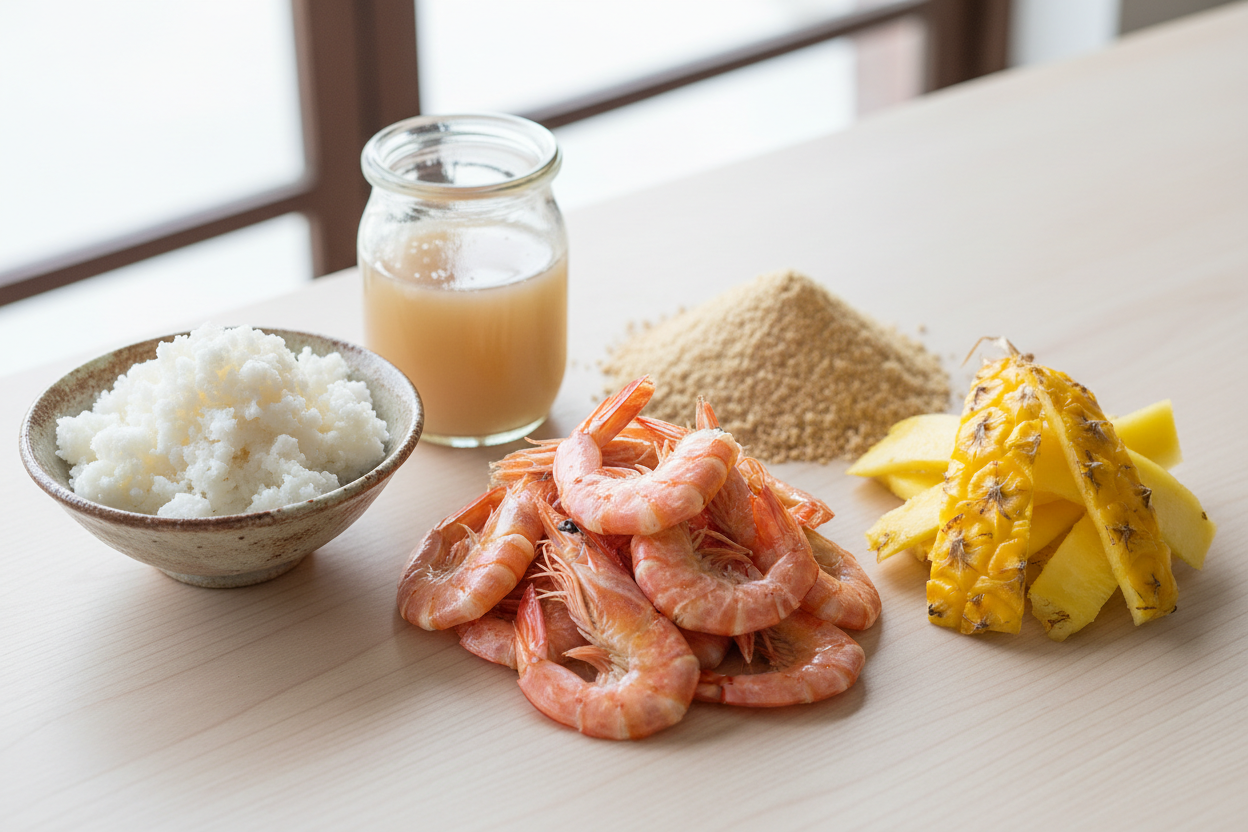 海老殻とおからとEM菌と米糠とパイナップルの皮の写真